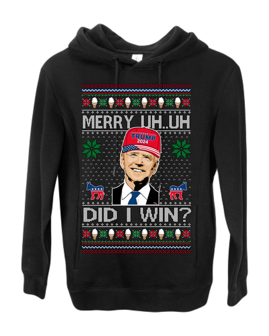 Merry Uh Did I Win? Funny Confused Joe Biden, Liberal Democrats Election 2024 Ugly Christmas Sweater Ugly Christmas Premium Side-Pocket Hoodie Sweatshirt