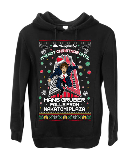 It's Not Christmas Until Hans Gruber Falls From Nakatomi Plaza, Color Design Skyscraper LA Falling Iconic 80s Xmas Movie Ugly Christmas Sweater Ugly Christmas Premium Side-Pocket Hoodie Sweatshirt