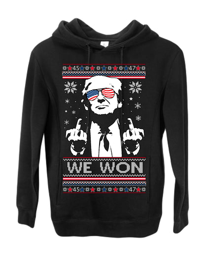 We Won Funny 45 47 President Trump Shot USA Glasses, 47th USA President of the United States, Gift for Republicans Conservatives Ugly Christmas Sweater Ugly Christmas Premium Side-Pocket Hoodie Sweatshirt