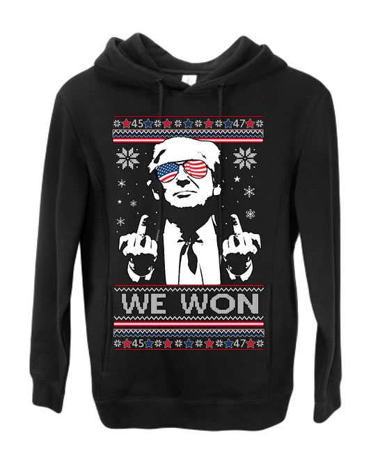 We Won Funny 45 47 President Trump Shot USA Glasses, 47th USA President of the United States, Gift for Republicans Conservatives Ugly Christmas Sweater Ugly Christmas Premium Side-Pocket Hoodie Sweatshirt
