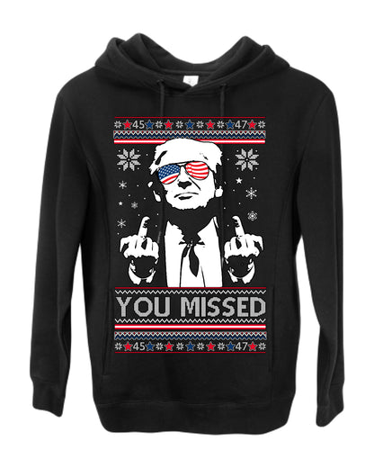 You Missed Funny 45 47 President Trump Shot USA Glasses, 47th USA President of the United States, Gift for Republicans Conservatives Ugly Christmas Sweater Ugly Christmas Premium Side-Pocket Hoodie Sweatshirt