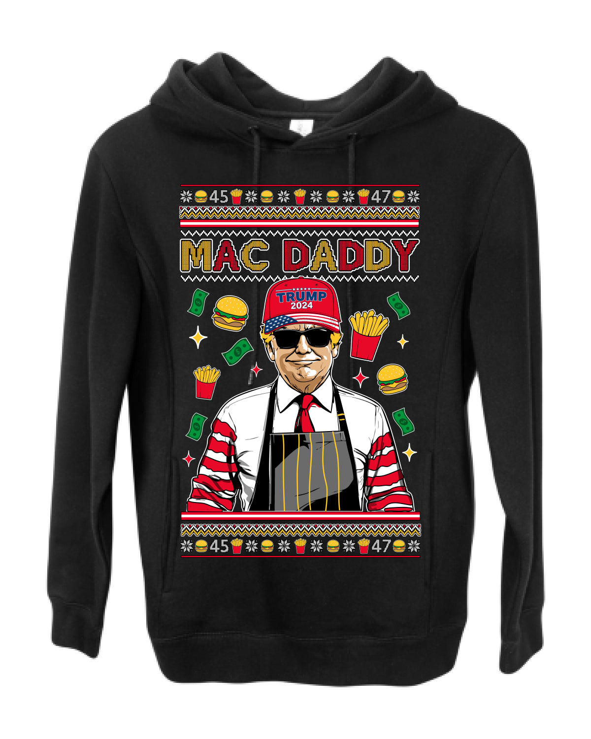 Mac Daddy Funny Viral Trump Meme, PA Fast Food Worker Chef Fries Burgers, 2024 MAGA Make America Great Again Ugly Christmas Sweater Ugly Christmas Premium Side-Pocket Hoodie Sweatshirt