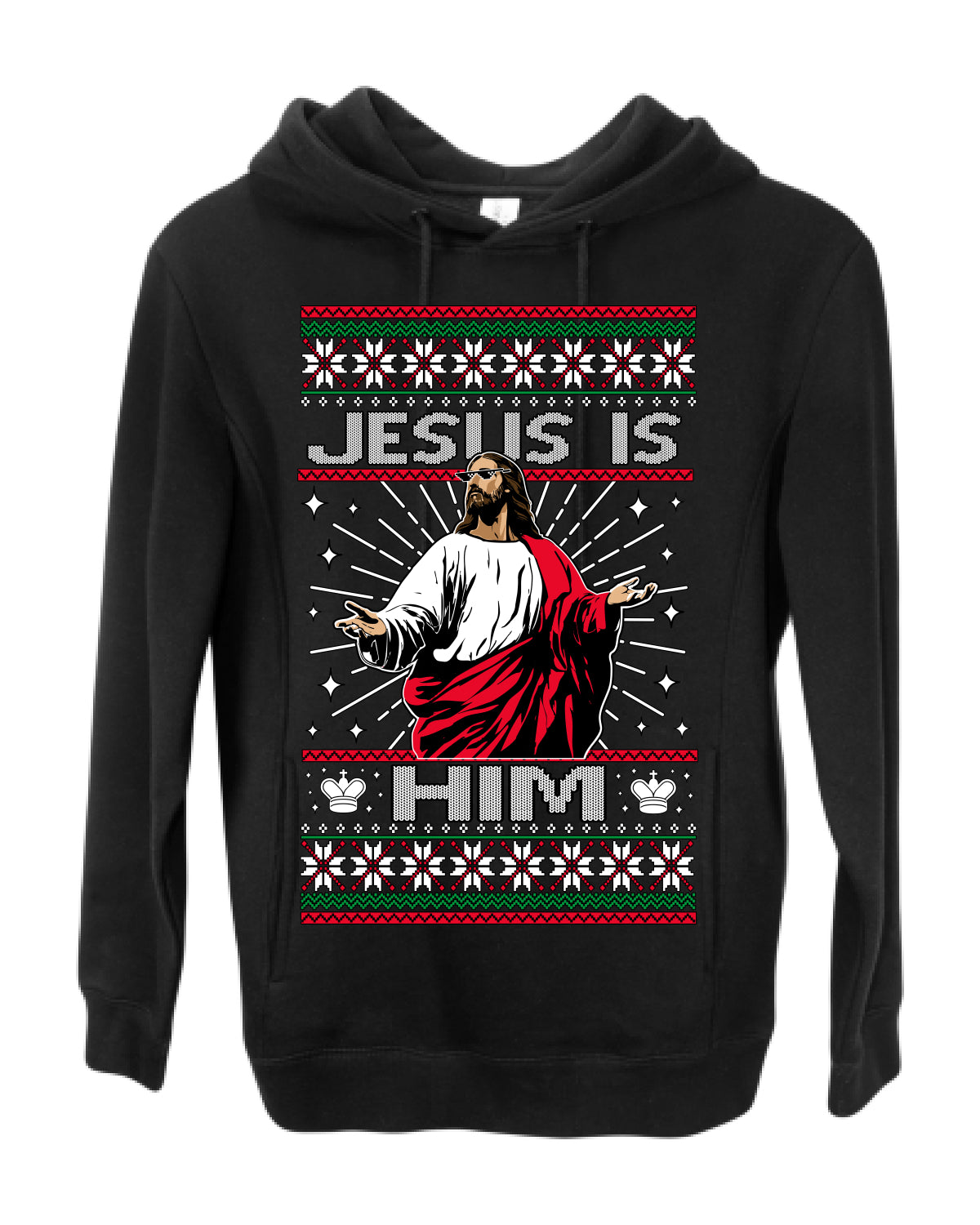 Jesus Is Him Funny Gen Z Viral Meme Shades, Religious Christ Christian Christianity Brain Rot Joke Slang Ugly Christmas Sweater Ugly Christmas Premium Side-Pocket Hoodie Sweatshirt