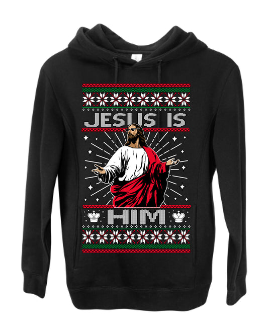 Jesus Is Him Funny Gen Z Viral Meme Shades, Religious Christ Christian Christianity Brain Rot Joke Slang Ugly Christmas Sweater Ugly Christmas Premium Side-Pocket Hoodie Sweatshirt