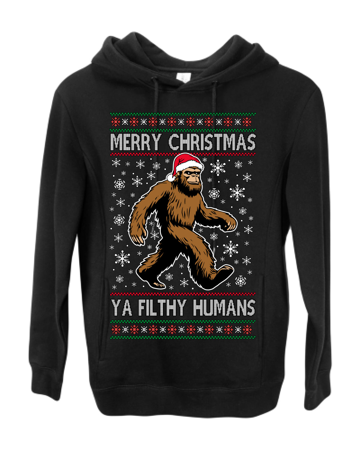 Merry Christmas Ya Filthy Humans Funny Sasquatch, UFO Conspiracy Theory Y2K Big Foot Supernatural Theorist Bigfoot Ugly Christmas Sweater Ugly Christmas Premium Side-Pocket Hoodie Sweatshirt