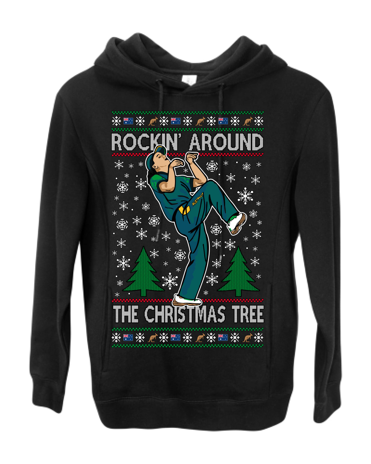 Rockin Around the Christmas Tree Raygun Viral Meme Australian AUS, Sports Australia Breakdancer Ray Gun Funny Ugly Christmas Sweater Ugly Christmas Premium Side-Pocket Hoodie Sweatshirt