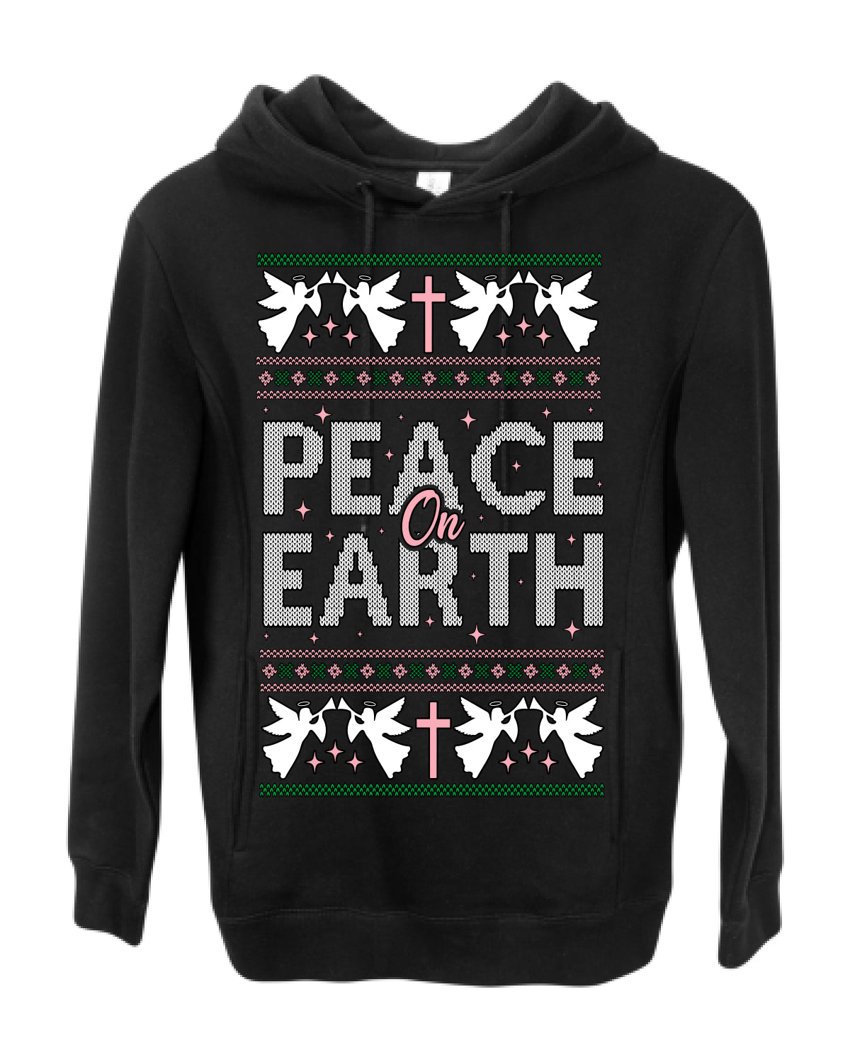 Peace On Earth Funny Xmas Cute Pink Angel Cross, Women Men Religious Christian Catholic Ugly Christmas Sweater Ugly Christmas Premium Side-Pocket Hoodie Sweatshirt