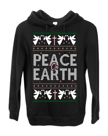 Peace On Earth Funny Xmas Cute Pink Angel Cross, Women Men Religious Christian Catholic Ugly Christmas Sweater Ugly Christmas Premium Side-Pocket Hoodie Sweatshirt