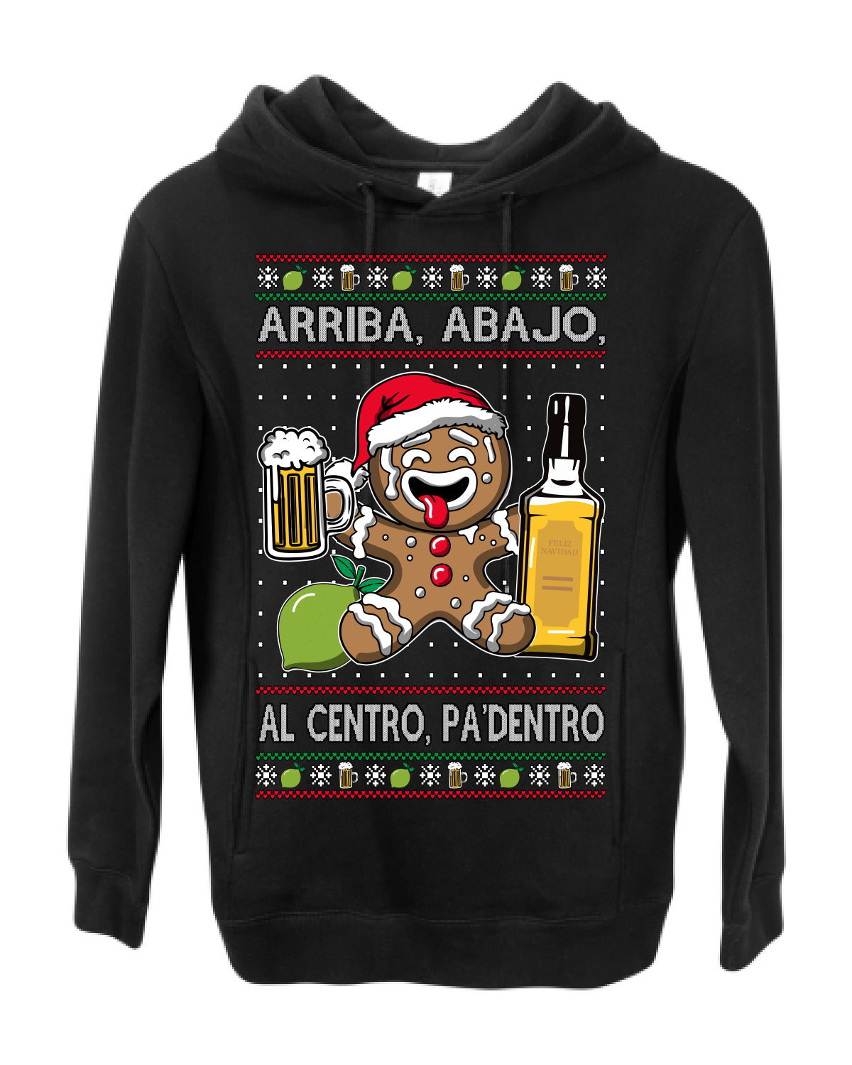 Arriba Abajo Al Centro Pa'Dentro Cheers to Health, Drinking Beer Cerveza Funny Gingerbread Xmas Cookie Ropa en Espanol Salud Ugly Christmas Sweater Ugly Christmas Premium Side-Pocket Hoodie Sweatshirt