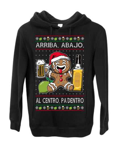 Arriba Abajo Al Centro Pa'Dentro Cheers to Health, Drinking Beer Cerveza Funny Gingerbread Xmas Cookie Ropa en Espanol Salud Ugly Christmas Sweater Ugly Christmas Premium Side-Pocket Hoodie Sweatshirt