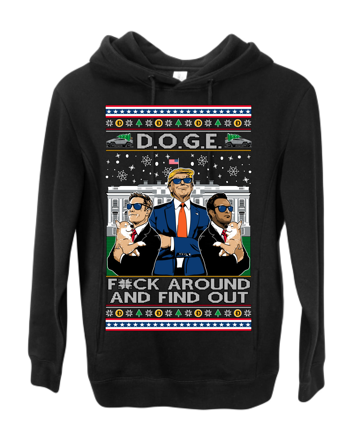 Doge F Around and Find Out Donald Trump Elon Vivek, Department of Govenmental Efficiency D.O.G.E. Republicans MAGA Ugly Christmas Sweater Ugly Christmas Premium Side-Pocket Hoodie Sweatshirt