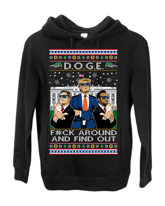 Doge F Around and Find Out Donald Trump Elon Vivek, Department of Govenmental Efficiency D.O.G.E. Republicans MAGA Ugly Christmas Sweater Ugly Christmas Premium Side-Pocket Hoodie Sweatshirt