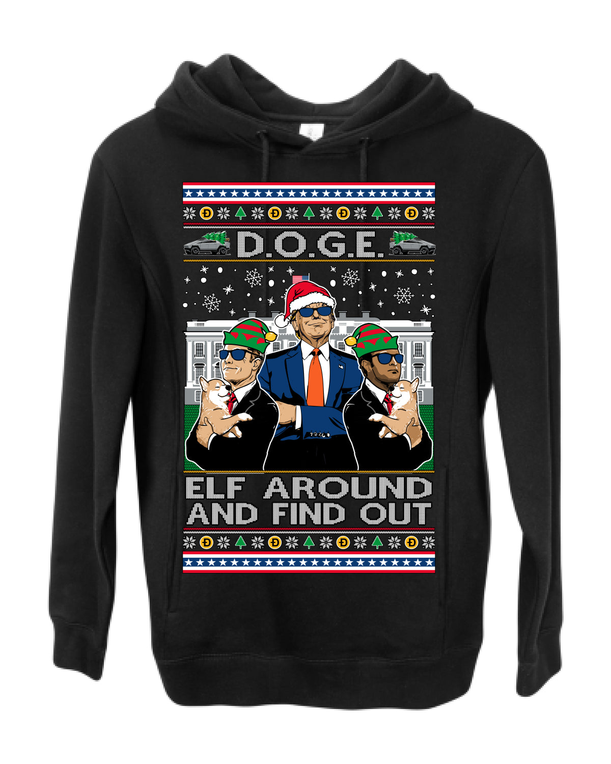 Doge Elf Around and Find Out Trump Elon Vivek, Department of Govenmental Efficiency D.O.G.E. Republicans MAGA Ugly Christmas Sweater Ugly Christmas Premium Side-Pocket Hoodie Sweatshirt