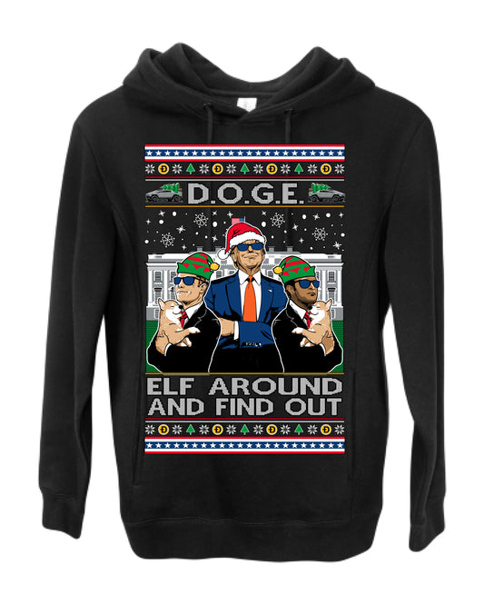 Doge Elf Around and Find Out Trump Elon Vivek, Department of Govenmental Efficiency D.O.G.E. Republicans MAGA Ugly Christmas Sweater Ugly Christmas Premium Side-Pocket Hoodie Sweatshirt