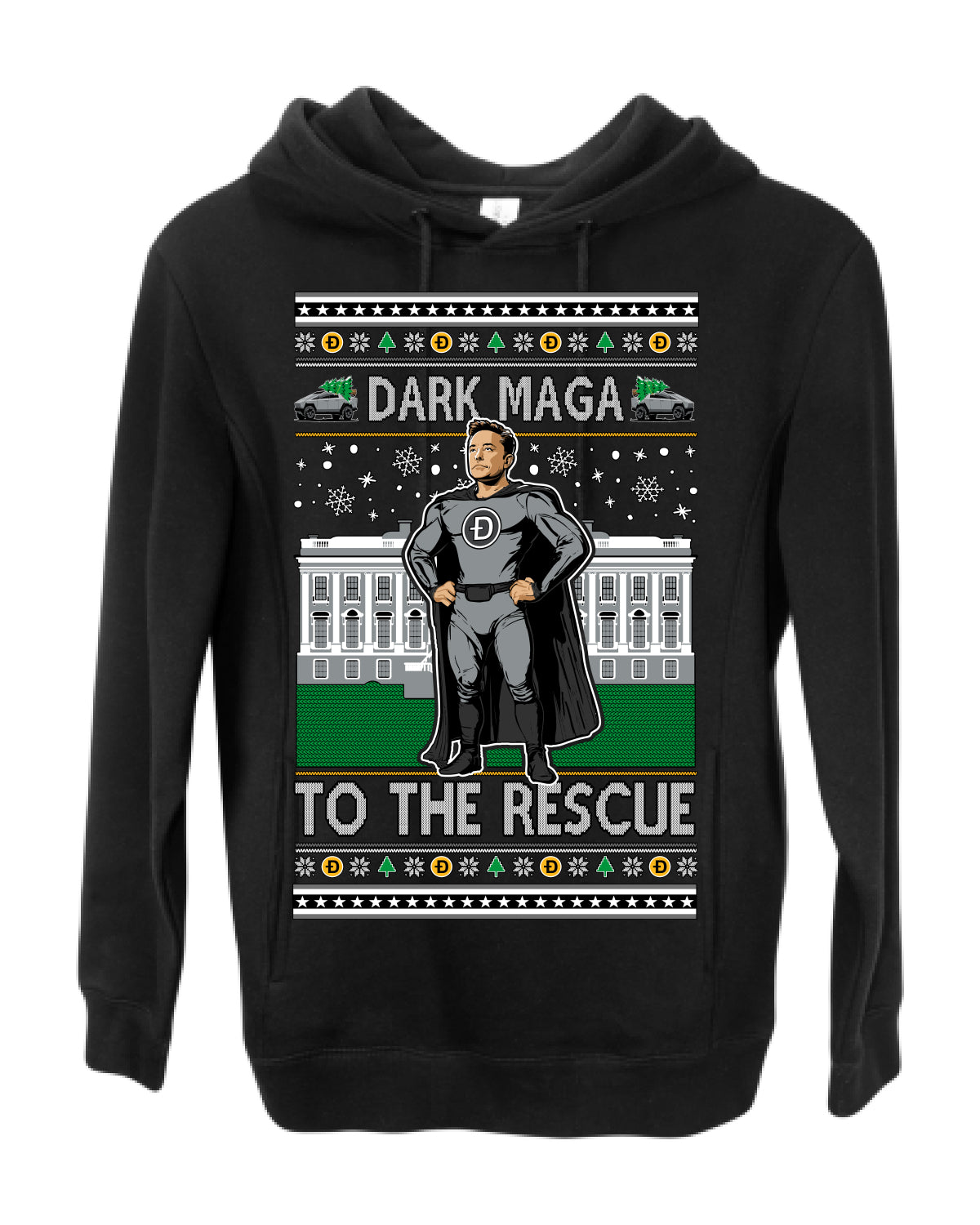 Dark MAGA to the Rescue, Elon Superhero Doge Crypto Dogecoin Make America Great Again Trump 2024 Ugly Christmas Sweater Ugly Christmas Premium Side-Pocket Hoodie Sweatshirt