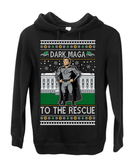 Dark MAGA to the Rescue, Elon Superhero Doge Crypto Dogecoin Make America Great Again Trump 2024 Ugly Christmas Sweater Ugly Christmas Premium Side-Pocket Hoodie Sweatshirt