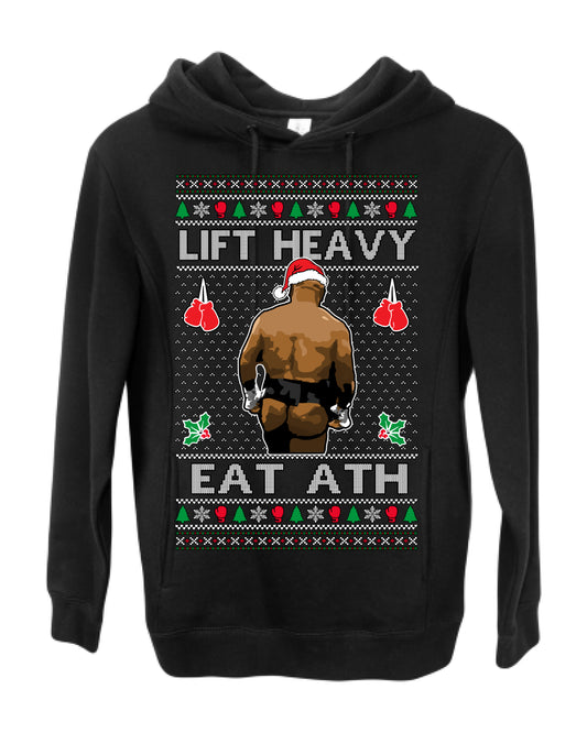Lift Heavy Eat Ath Merry Chrithmith, Mike Tyson Butt Viral Weightlifting Lifting Boxing Fight Meme Men Women Funny Ugly Christmas Sweater Ugly Christmas Premium Side-Pocket Hoodie Sweatshirt