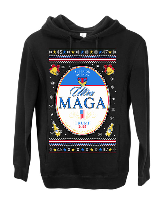 Ultra MAGA Superior Agenda Trump Vance 2024 Funny Beer Logo Ugly Christmas Sweater Ugly Christmas Premium Side-Pocket Hoodie Sweatshirt