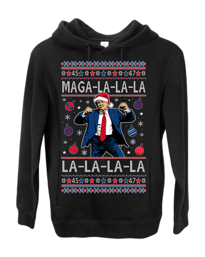 Maga La La La, Funny Xmas Santa Donald Trump Viral Shimmy Dance Classic Christmas Carol Song, Ugly Christmas Sweater Ugly Christmas Premium Side-Pocket Hoodie Sweatshirt