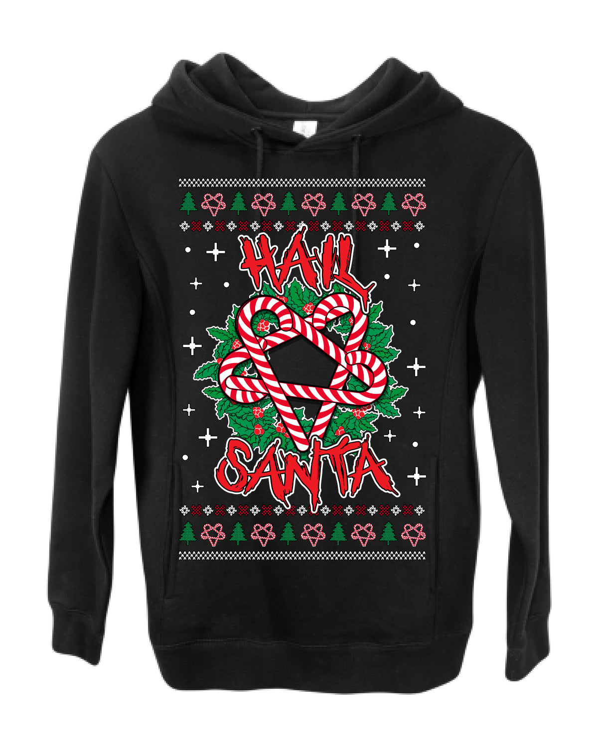 Hail Santa Funny Satanic, Candy Cane Wreath Devil Heavy Metal Rock Metalcore Music, Satan 666 Agnostic Areligious Ugly Christmas Sweater Ugly Christmas Premium Side-Pocket Hoodie Sweatshirt