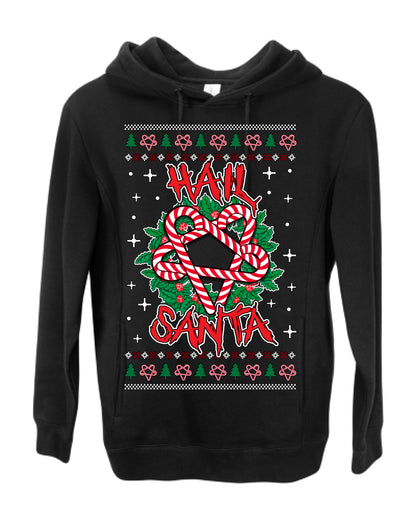Hail Santa Funny Satanic, Candy Cane Wreath Devil Heavy Metal Rock Metalcore Music, Satan 666 Agnostic Areligious Ugly Christmas Sweater Ugly Christmas Premium Side-Pocket Hoodie Sweatshirt