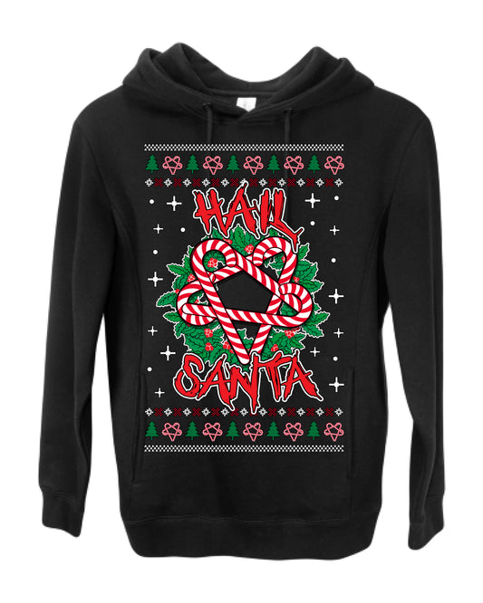 Hail Santa Funny Satanic, Candy Cane Wreath Devil Heavy Metal Rock Metalcore Music, Satan 666 Agnostic Areligious Ugly Christmas Sweater Ugly Christmas Premium Side-Pocket Hoodie Sweatshirt