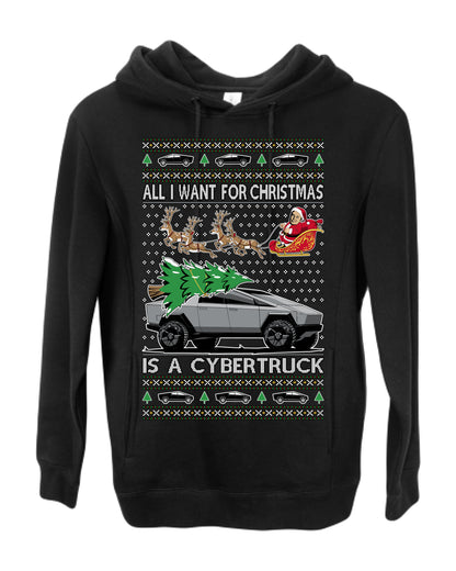 All I Want for Christmas is a Cybertruck, Funny Tech Cyber Truck Elon Musk Santa Claus Reindeer, Meme Ugly Christmas Sweater Ugly Christmas Premium Side-Pocket Hoodie Sweatshirt