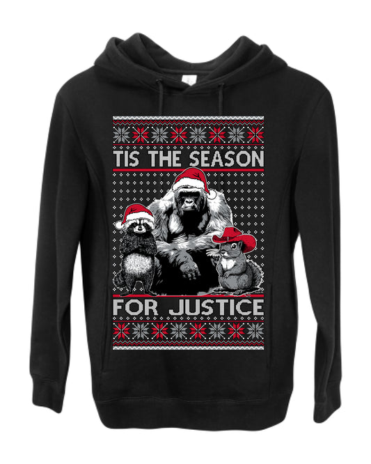 Tis the Season For Justice, RIP Harambe Peanut the Squirrel Fred Raccoon Viral Save our Pets Meme, Ugly Christmas Sweater Ugly Christmas Premium Side-Pocket Hoodie Sweatshirt