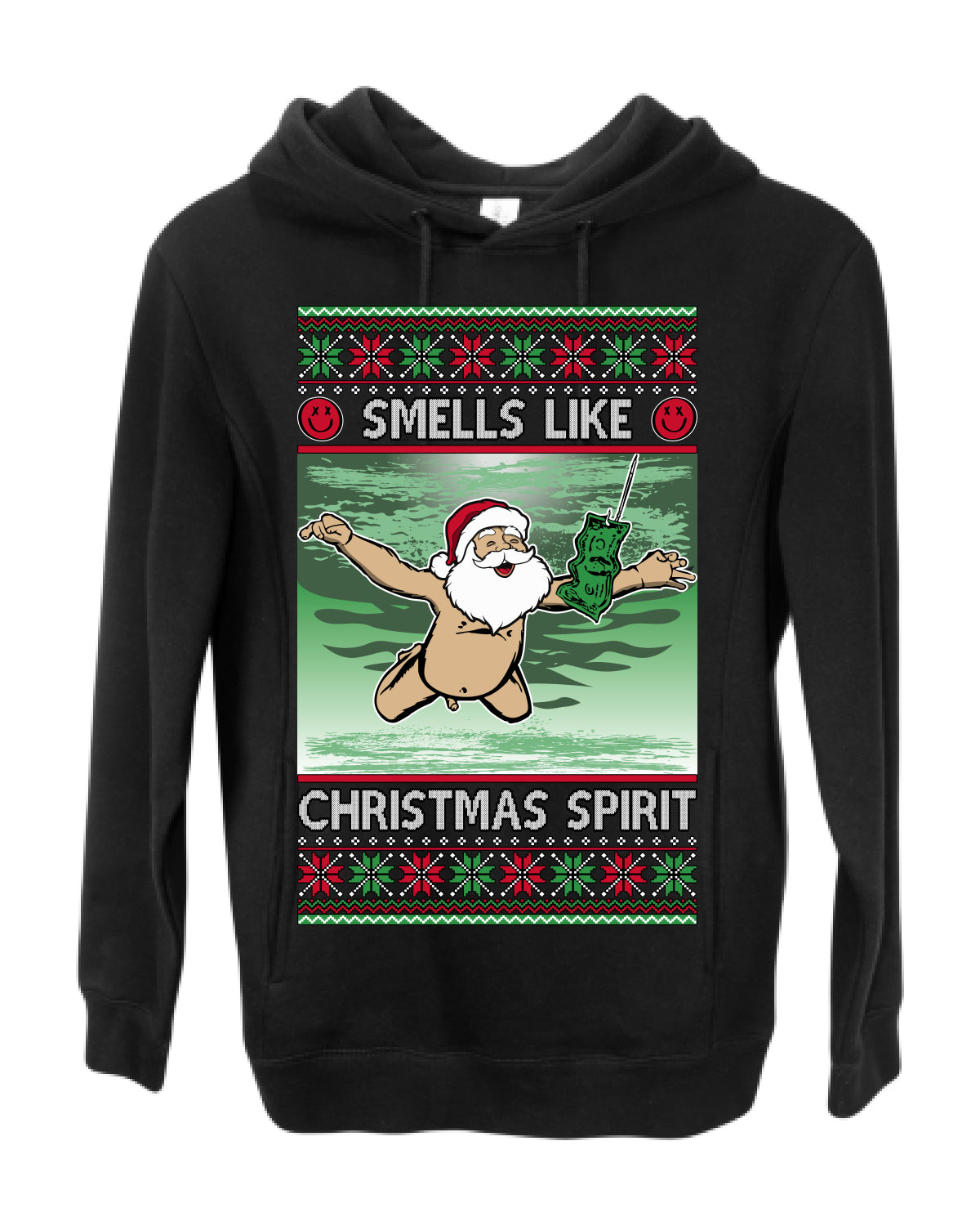 Smells Like Christmas Spirit, Funny Santa Claus Classic 90s Alternative Rock Album Cover Music Parody Ugly Christmas Sweater Ugly Christmas Premium Side-Pocket Hoodie Sweatshirt