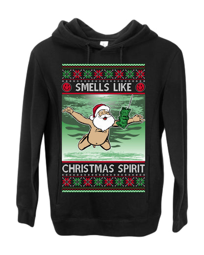 Smells Like Christmas Spirit, Funny Santa Claus Classic 90s Alternative Rock Album Cover Music Parody Ugly Christmas Sweater Ugly Christmas Premium Side-Pocket Hoodie Sweatshirt