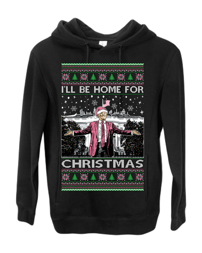 I'll Be Home for Christmas Pink Suit | Funny Santa Clause President Donald Trump White House Holiday Xmas Sweaters, MAGA Ugly Christmas Premium Side-Pocket Hoodie Sweatshirt
