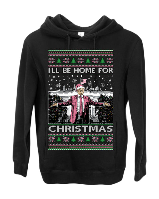 I'll Be Home for Christmas Pink Suit | Funny Santa Clause President Donald Trump White House Holiday Xmas Sweaters, MAGA Ugly Christmas Premium Side-Pocket Hoodie Sweatshirt