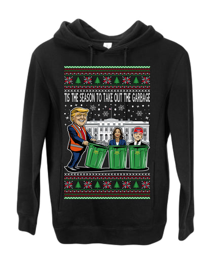 Tis the Season to Take Out the Garbage President Trump, 47th USA President of the United States, Gift for Republicans Conservatives Ugly Christmas Sweater Ugly Christmas Premium Side-Pocket Hoodie Sweatshirt