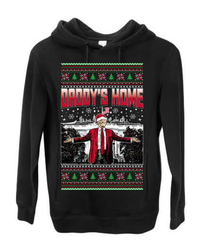 Daddy's Home Red Suit, I'll Be Home for Christmas | Funny Santa Clause President Donald Trump White House Holiday Xmas Sweaters, MAGA Ugly Christmas Premium Side-Pocket Hoodie Sweatshirt