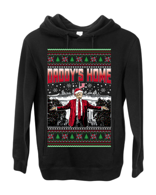 Daddy's Home Red Suit, I'll Be Home for Christmas | Funny Santa Clause President Donald Trump White House Holiday Xmas Sweaters, MAGA Ugly Christmas Premium Side-Pocket Hoodie Sweatshirt