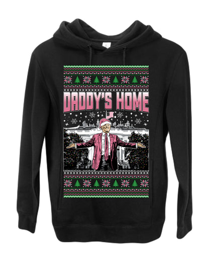 Daddy's Home Pink Suit, I'll Be Home for Christmas | Funny Santa Clause President Donald Trump White House Holiday Xmas Sweaters, MAGA Ugly Christmas Premium Side-Pocket Hoodie Sweatshirt