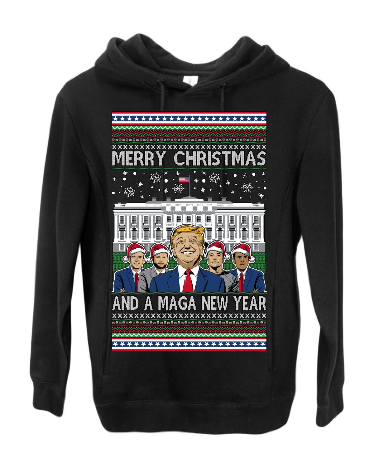 Merry Christmas and a MAGA New Year 2025, Trump Vance Administration 45 47 Make America Great Again USA Ugly Christmas Sweater Ugly Christmas Premium Side-Pocket Hoodie Sweatshirt