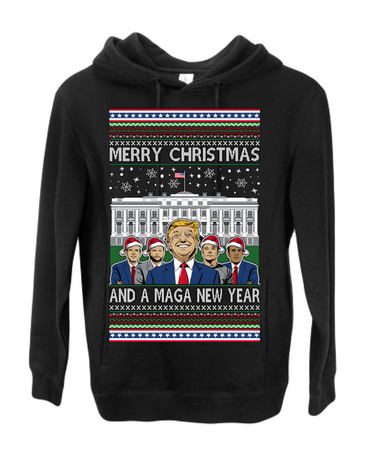 Merry Christmas and a MAGA New Year 2025, Trump Vance Administration 45 47 Make America Great Again USA Ugly Christmas Sweater Ugly Christmas Premium Side-Pocket Hoodie Sweatshirt