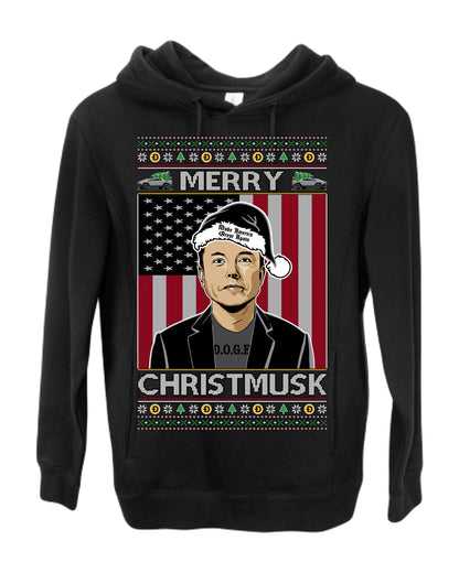 Merry Christmusk Funny Dark MAGA Santa Elon Doge Meme, Crypto Dogecoin America First USA Republican Ugly Christmas Sweater Ugly Christmas Premium Side-Pocket Hoodie Sweatshirt