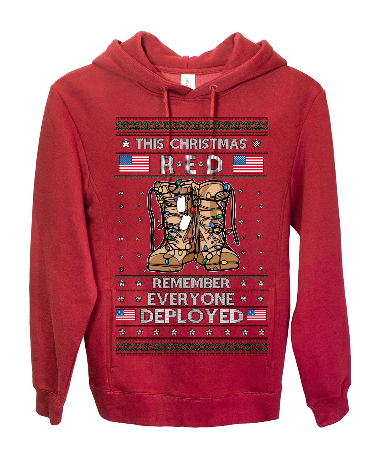 This Christmas RED Remember Everyone Deployed, Pro Military Vet 1st 2nd Amendment Veteran, RED Friday Ugly Christmas Sweater Ugly Christmas Premium Side-Pocket Hoodie Sweatshirt