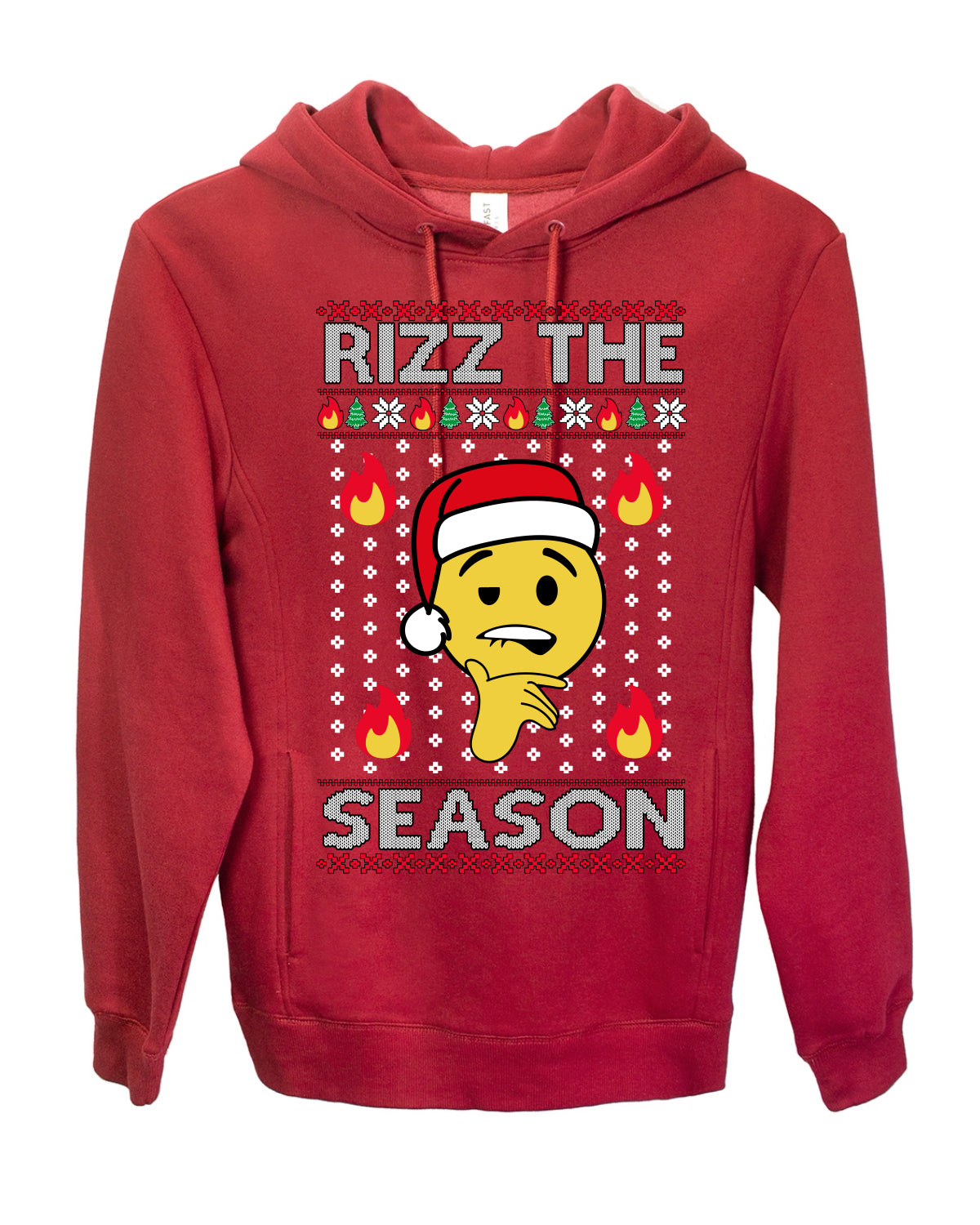 Rizz the Season, Viral Internet Fire Emoji Face Meme Romance Slang, Ugly Christmas Sweater Ugly Christmas Premium Side-Pocket Hoodie Sweatshirt