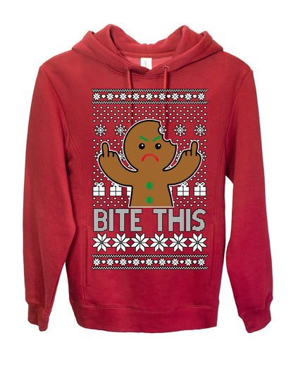 Bite This, Funny Gingerbread Cookie Offensive Inappropriate Middle Finger, F U Ginger Bread Dirty Novelty Xmas Ugly Christmas Sweater Ugly Christmas Premium Side-Pocket Hoodie Sweatshirt
