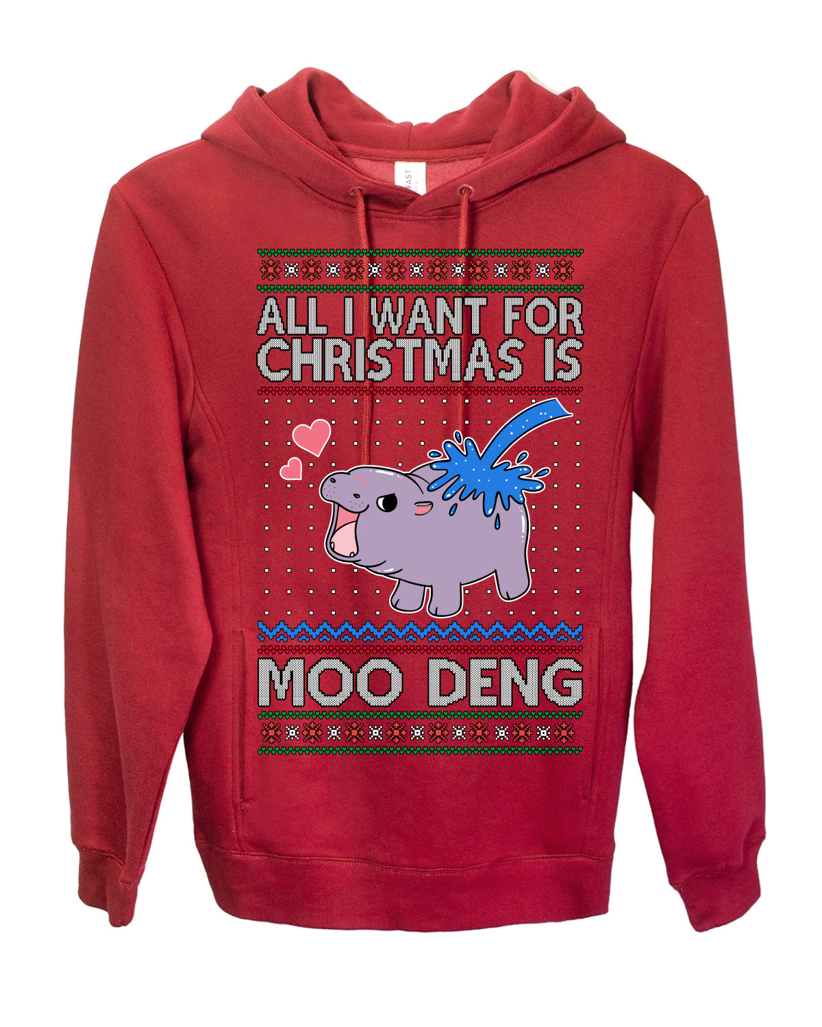 All I Want for Christmas is Moo Deng, Cute Pygmy Hippo Meme Viral Zoo Animal Y2K Era Funny Memes, Ugly Christmas Sweater Ugly Christmas Premium Side-Pocket Hoodie Sweatshirt