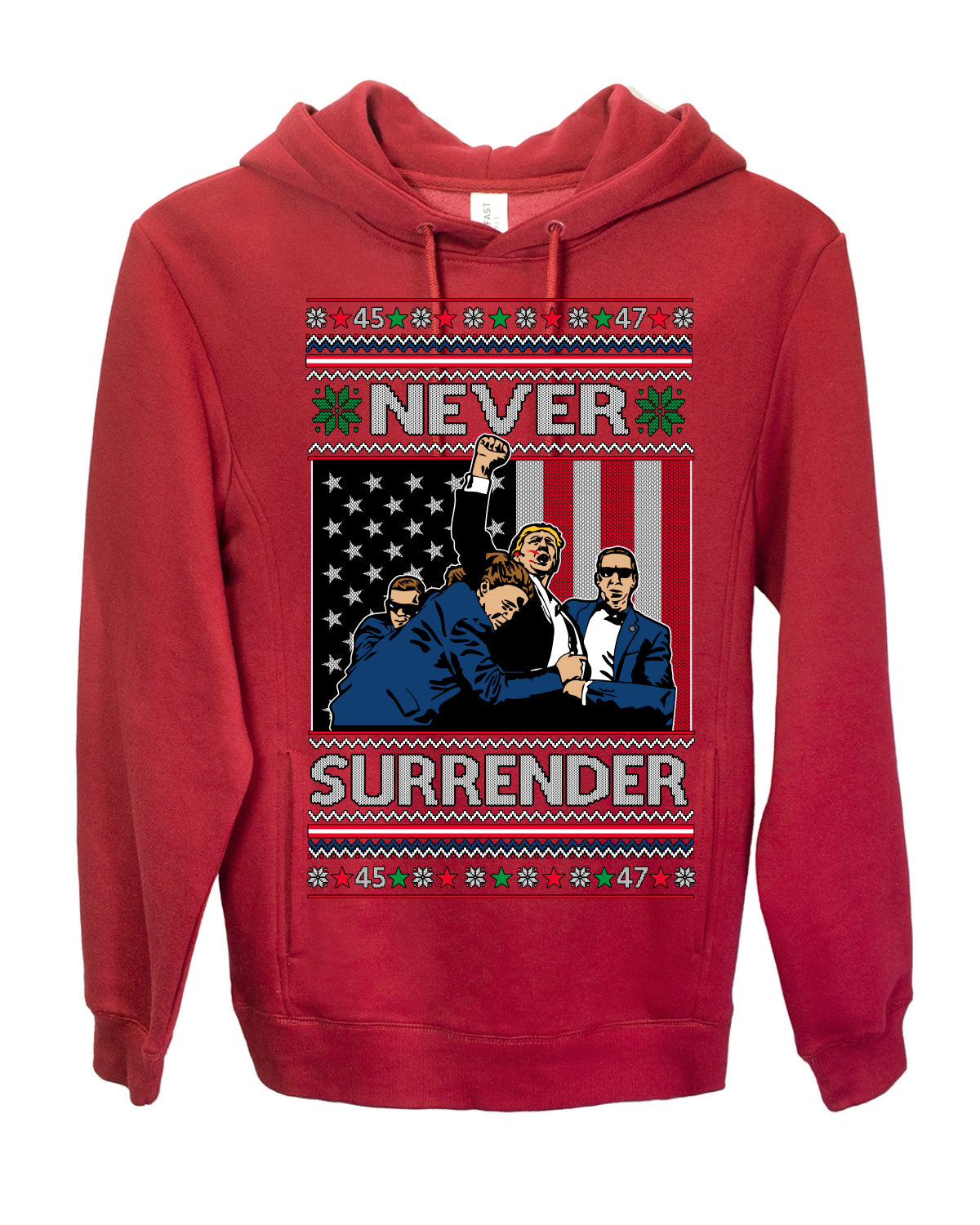Never Surrender, Pro Donald Trump Fight Fight Fight Fist Pump 2024 Butler PA Rally Shot, Ugly Christmas Sweater Ugly Christmas Premium Side-Pocket Hoodie Sweatshirt
