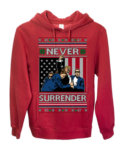 Never Surrender, Pro Donald Trump Fight Fight Fight Fist Pump 2024 Butler PA Rally Shot, Ugly Christmas Sweater Ugly Christmas Premium Side-Pocket Hoodie Sweatshirt