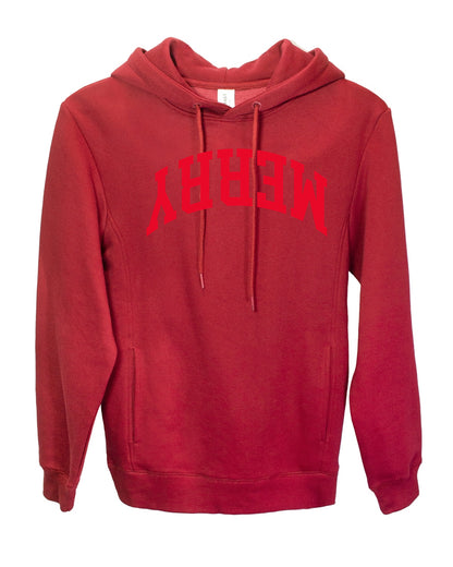 Merry Red Text, Classic College Style Trendy Upside Down Text Ugly Christmas Sweater Ugly Christmas Premium Side-Pocket Hoodie Sweatshirt