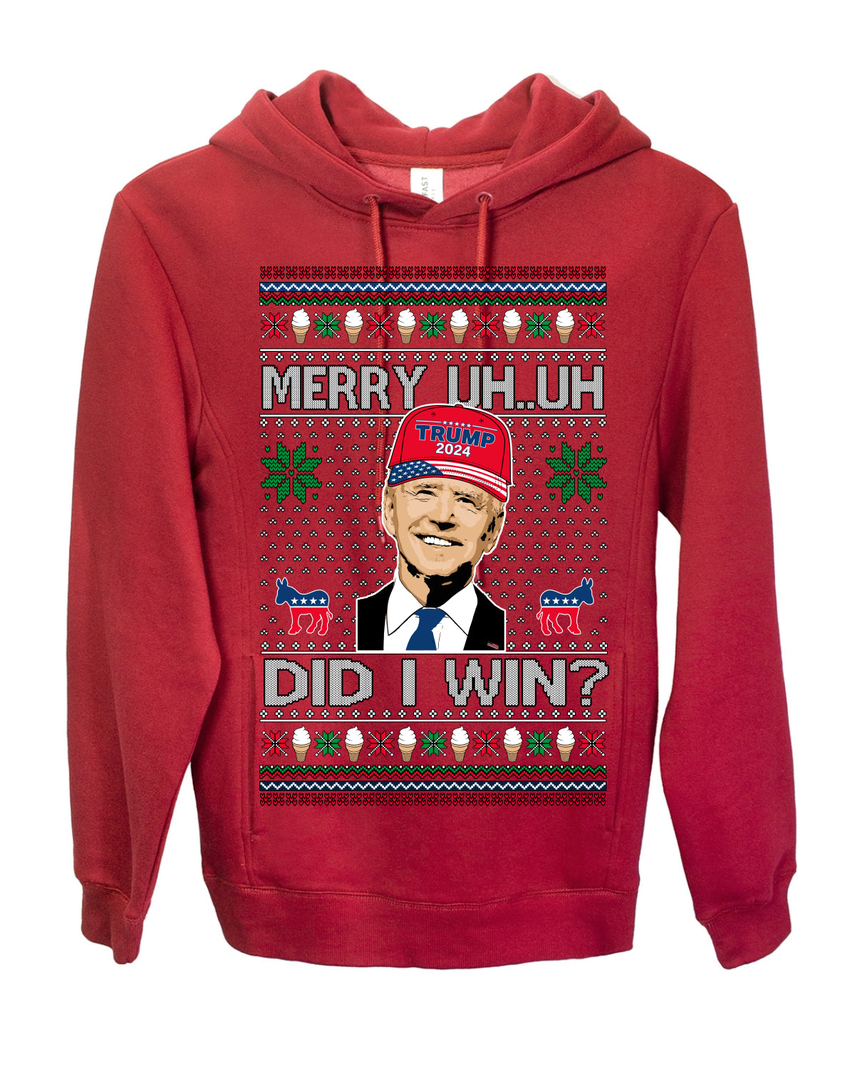 Merry Uh Did I Win? Funny Confused Joe Biden, Liberal Democrats Election 2024 Ugly Christmas Sweater Ugly Christmas Premium Side-Pocket Hoodie Sweatshirt