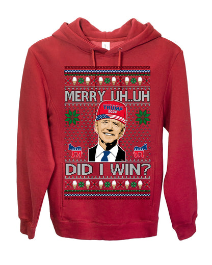 Merry Uh Did I Win? Funny Confused Joe Biden, Liberal Democrats Election 2024 Ugly Christmas Sweater Ugly Christmas Premium Side-Pocket Hoodie Sweatshirt