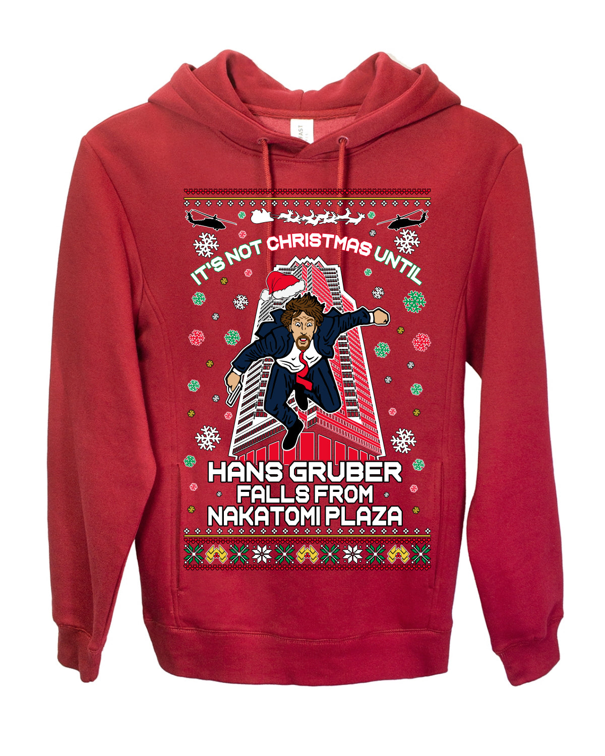 It's Not Christmas Until Hans Gruber Falls From Nakatomi Plaza, Color Design Skyscraper LA Falling Iconic 80s Xmas Movie Ugly Christmas Sweater Ugly Christmas Premium Side-Pocket Hoodie Sweatshirt