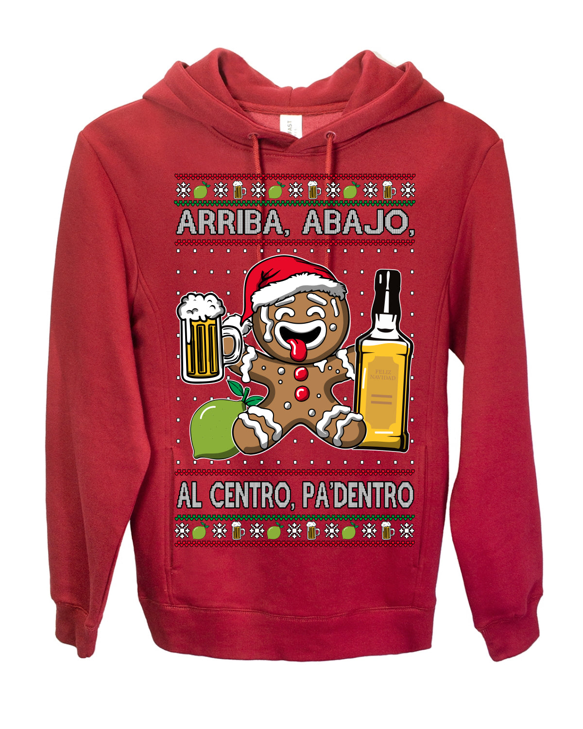 Arriba Abajo Al Centro Pa'Dentro Cheers to Health, Drinking Beer Cerveza Funny Gingerbread Xmas Cookie Ropa en Espanol Salud Ugly Christmas Sweater Ugly Christmas Premium Side-Pocket Hoodie Sweatshirt